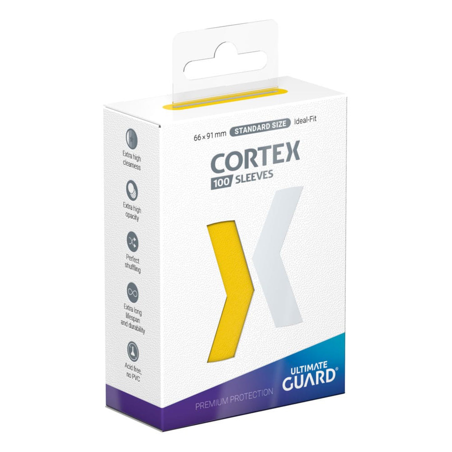 Yellow Ultimate Guard Cortex card sleeves, standard size, 100 sleeves per pack.
