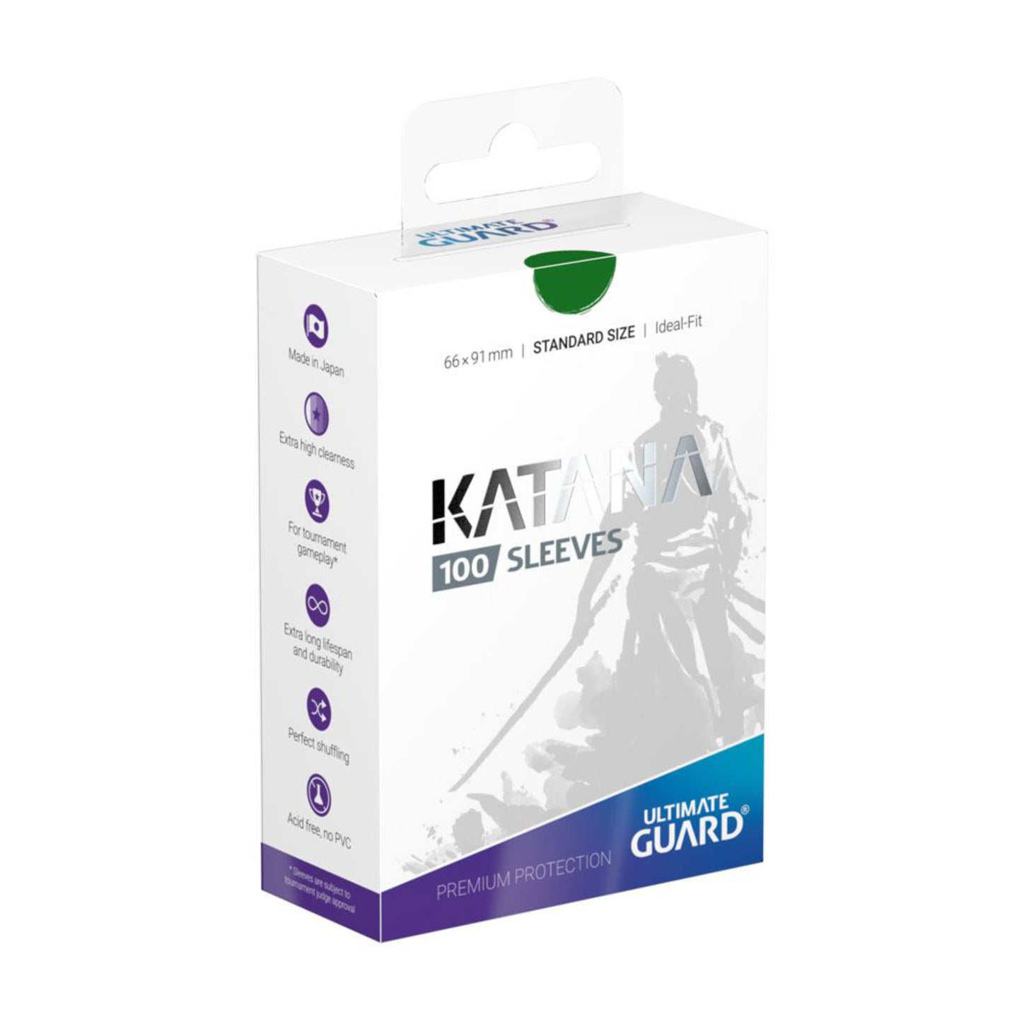 Green Ultimate Guard Katana card sleeves, standard size, 100 sleeves per pack.