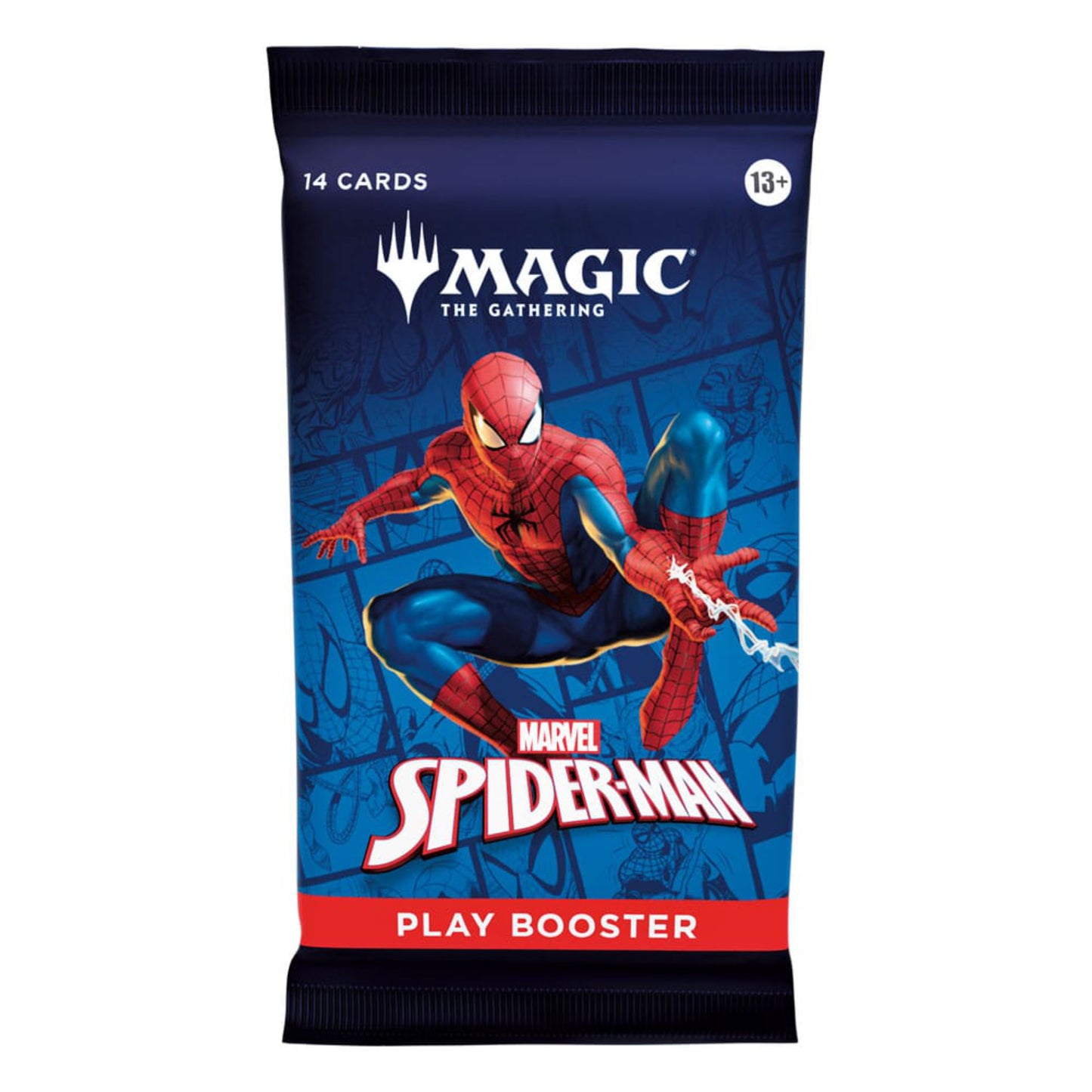 Magic: The Gathering Spider-Man Play booster pack, containing 14 cards.
