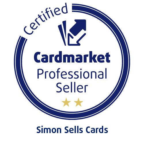 A blue circle on a white background with the word 'Certified' around the top left quarter and the words 'Cardmarket Professional Seller' with two gold stars in the middle of the circle. Underneath the circle are the words 'Simon Sells Cards'.