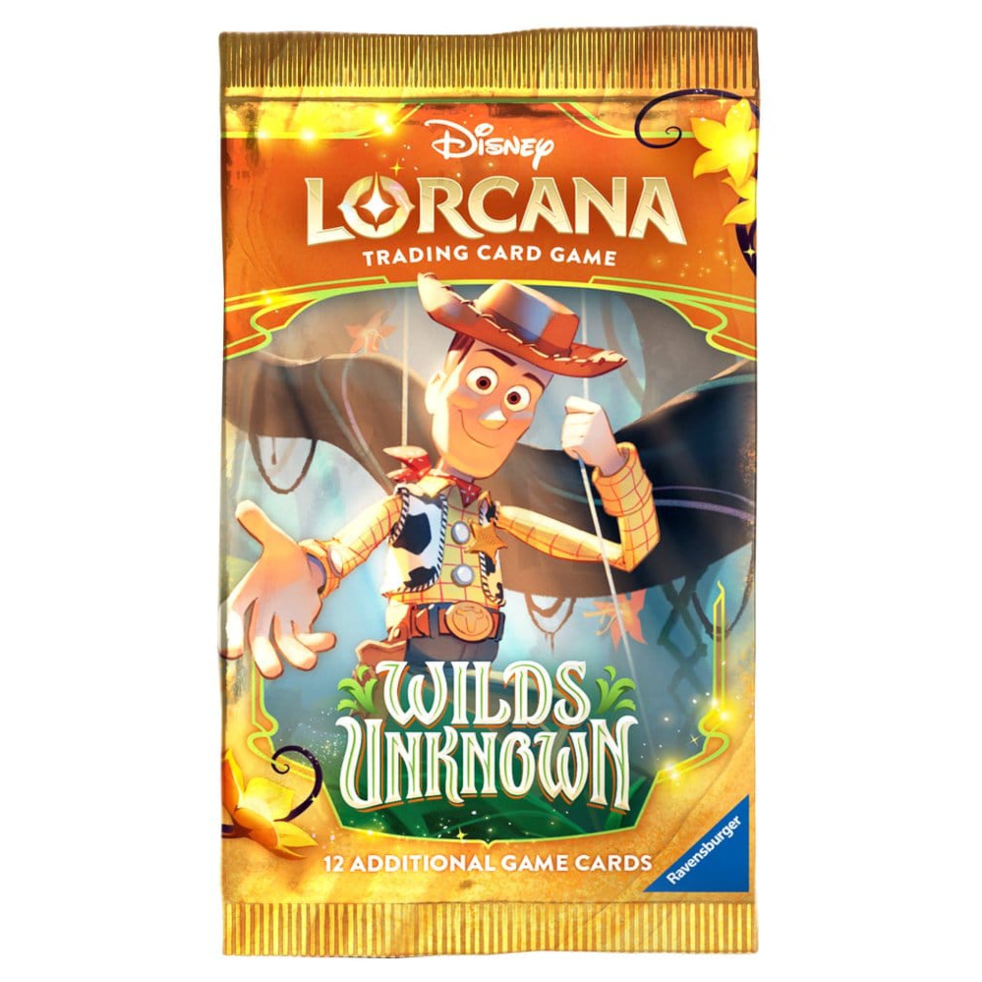 Disney Lorcana Wilds Unknown booster pack with 12 additional game cards.