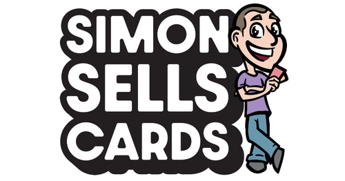 Simon Sells Cards logo and illustration of Simon holding cards