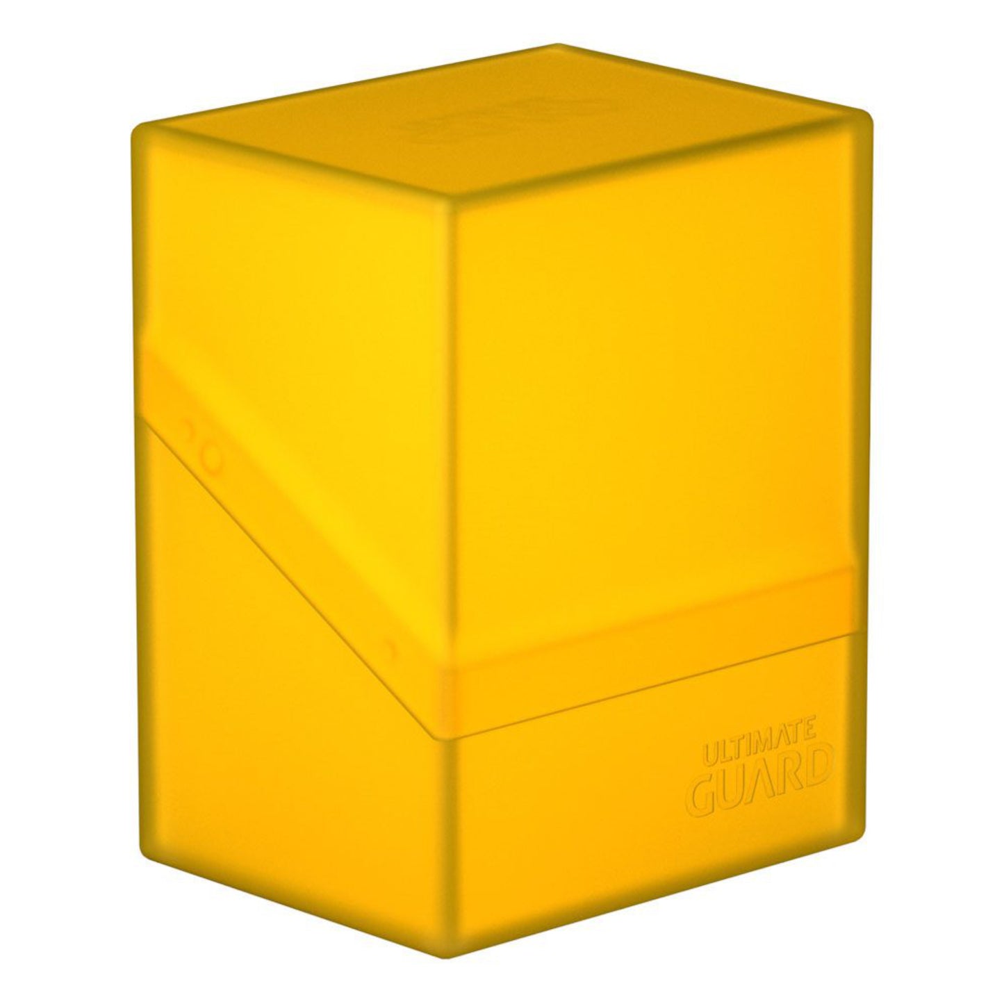 Yellow trading card deck box, fits 80 double-sleeved or 100 single-sleeved standard cards.