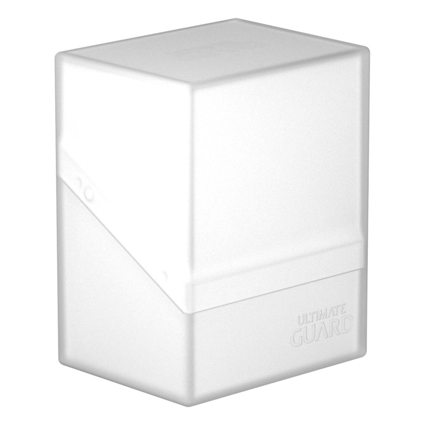 Frosted white trading card deck box, fits 80 double-sleeved or 100 single-sleeved standard cards.