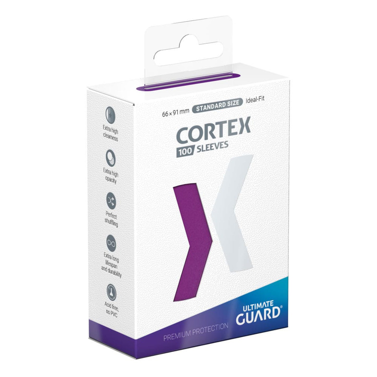 Purple Ultimate Guard Cortex card sleeves, standard size, 100 sleeves per pack.