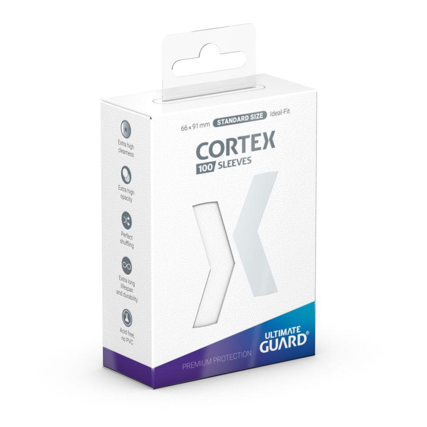 White Ultimate Guard Cortex card sleeves, standard size, 100 sleeves per pack.