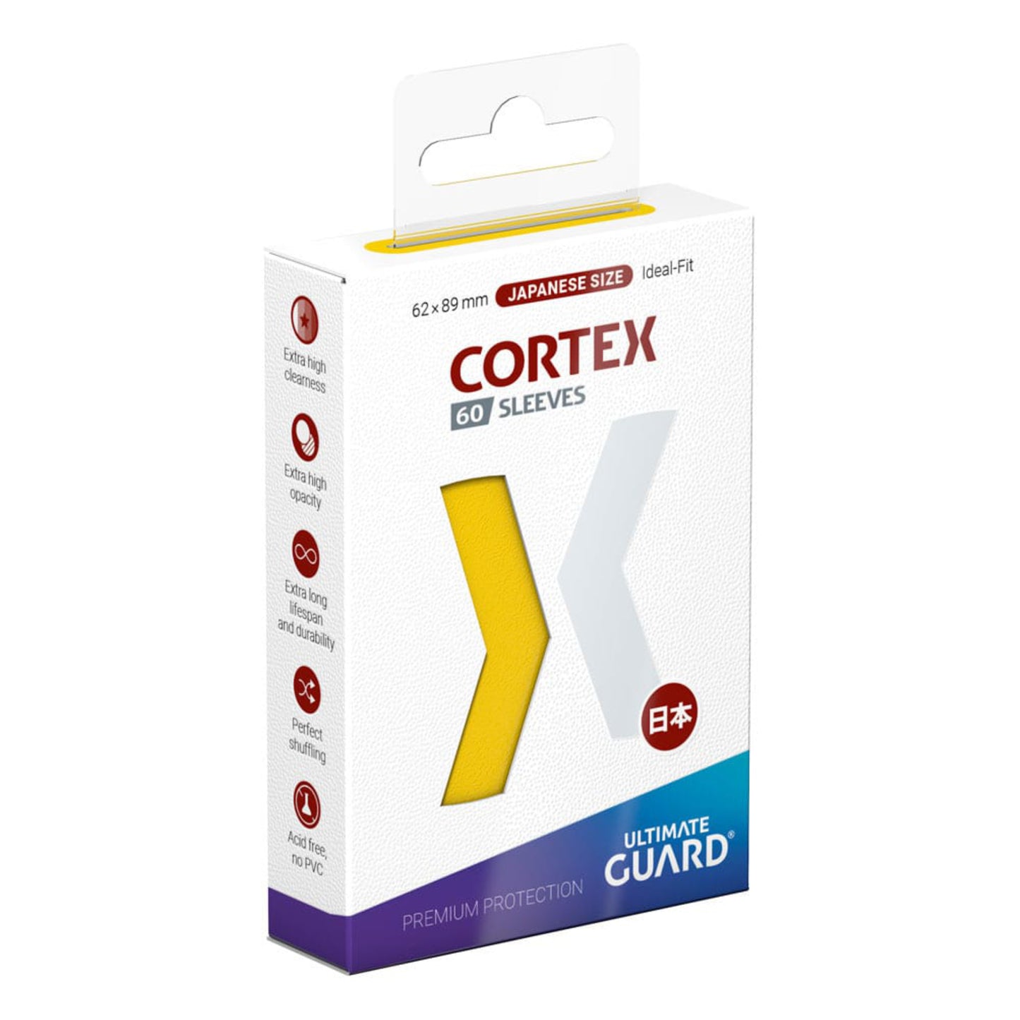 Yellow Ultimate Guard Cortex card sleeves, Japanese size, 60 sleeves per pack.