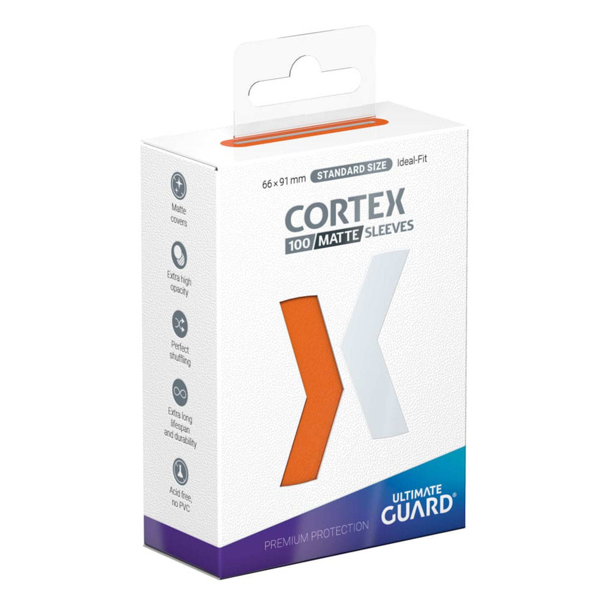 Orange Ultimate Guard Cortex Matte card sleeves, standard size, 100 sleeves per pack.