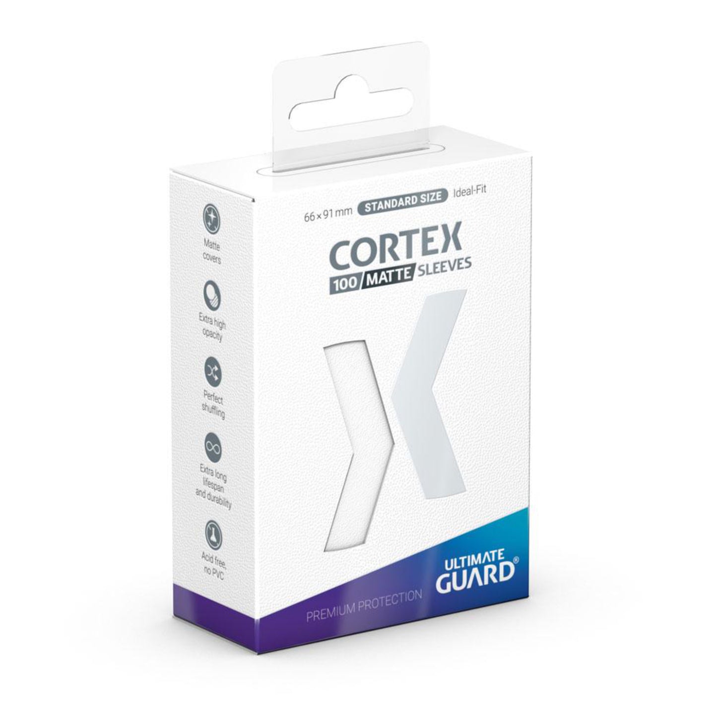 White Ultimate Guard Cortex Matte card sleeves, standard size, 100 sleeves per pack.