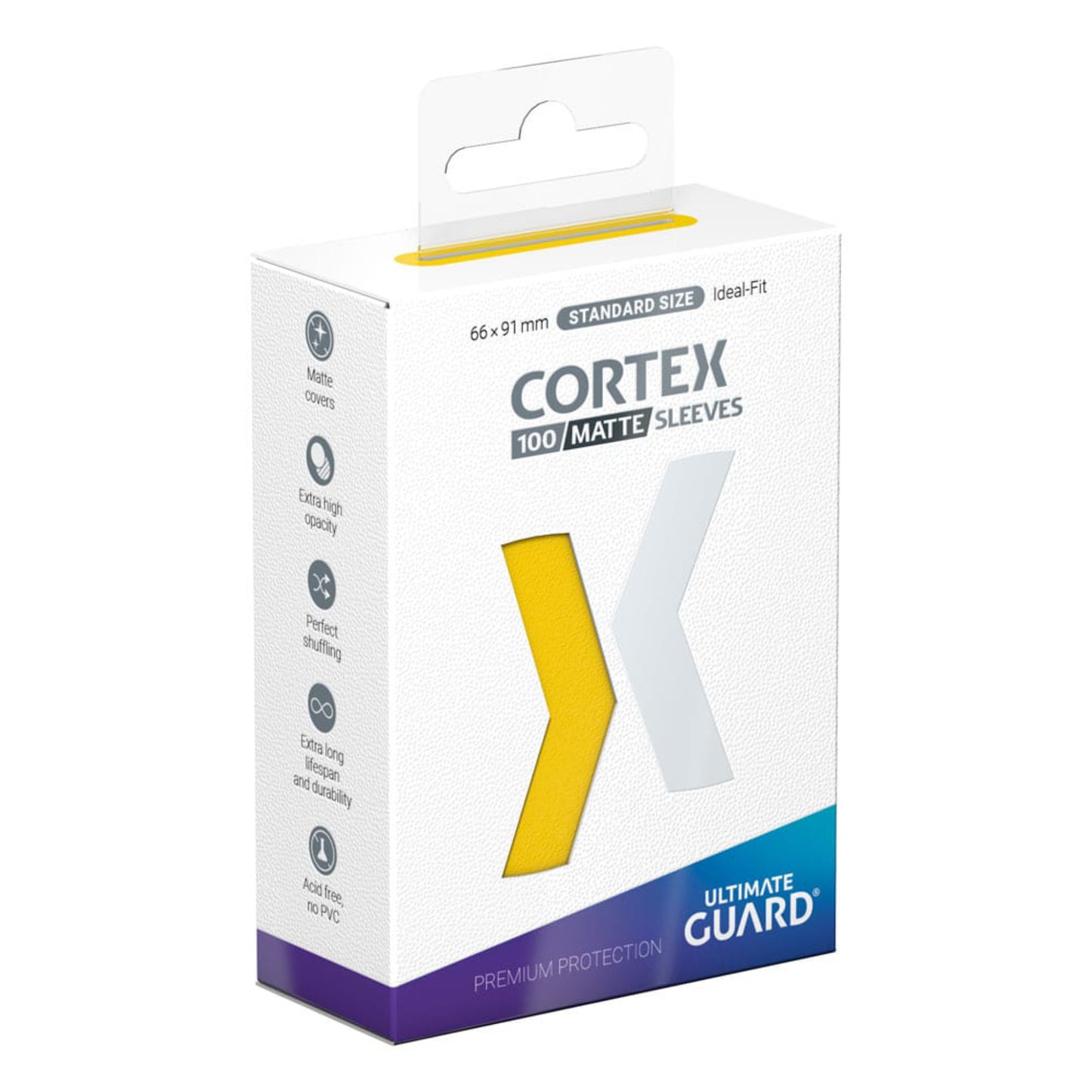 Yellow Ultimate Guard Cortex Matte card sleeves, standard size, 100 sleeves per pack.