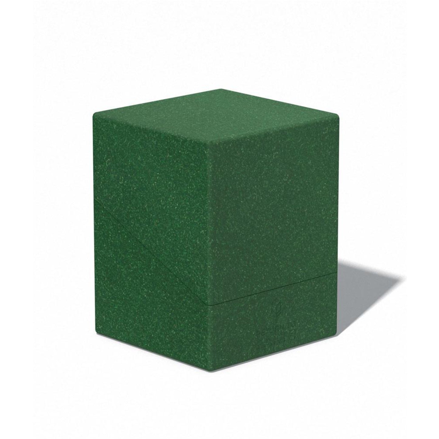 Green trading card deck box, fits 100 double-sleeved or 120 single-sleeved standard cards.