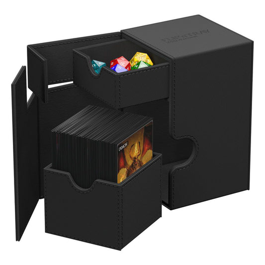 Black Ultimate Guard trading card deck box with removable dice tray, fits 100 double-sleeved or 120 single-sleeved standard cards.