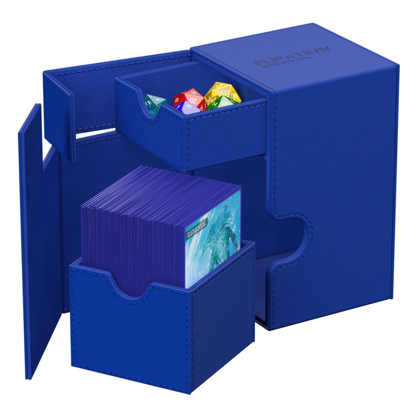 Blue Ultimate Guard trading card deck box with removable dice tray, fits 100 double-sleeved or 120 single-sleeved standard cards.