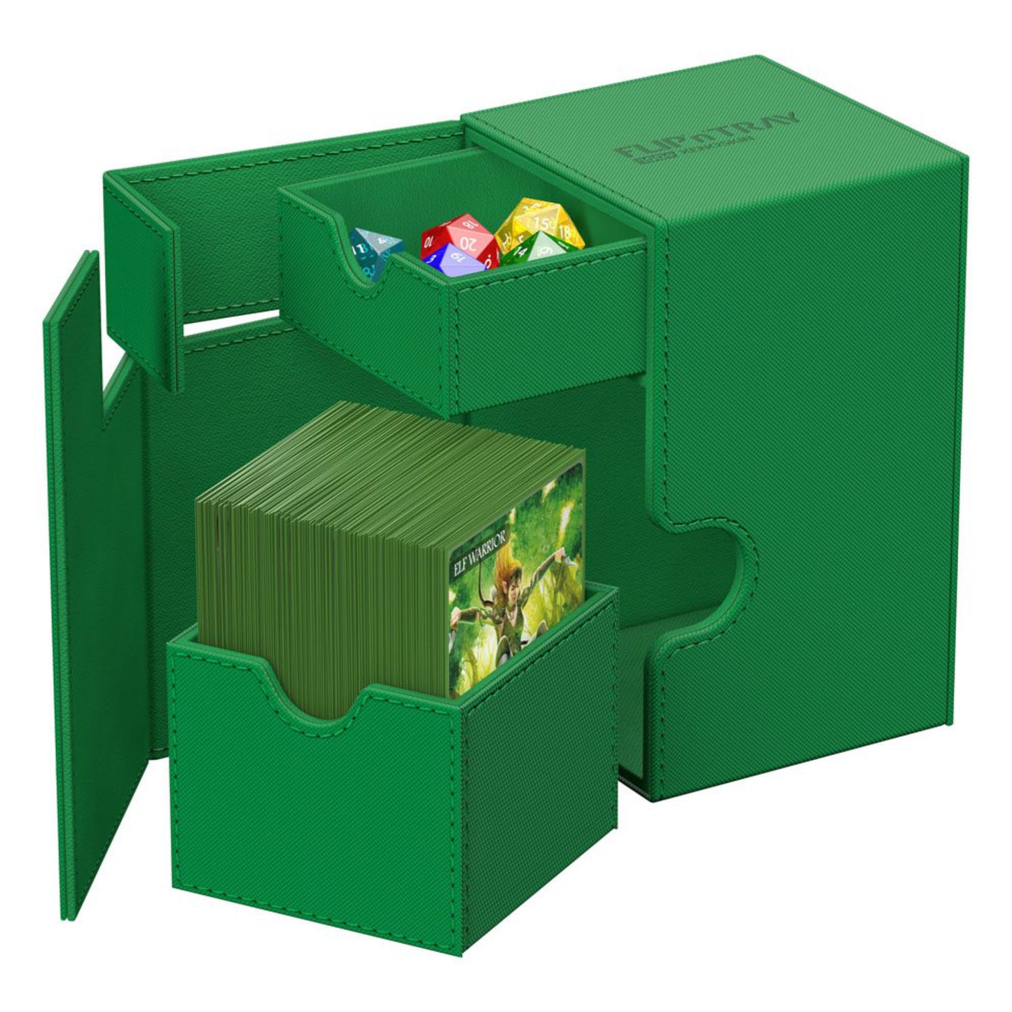 Green Ultimate Guard trading card deck box with removable dice tray, fits 100 double-sleeved or 120 single-sleeved standard cards.