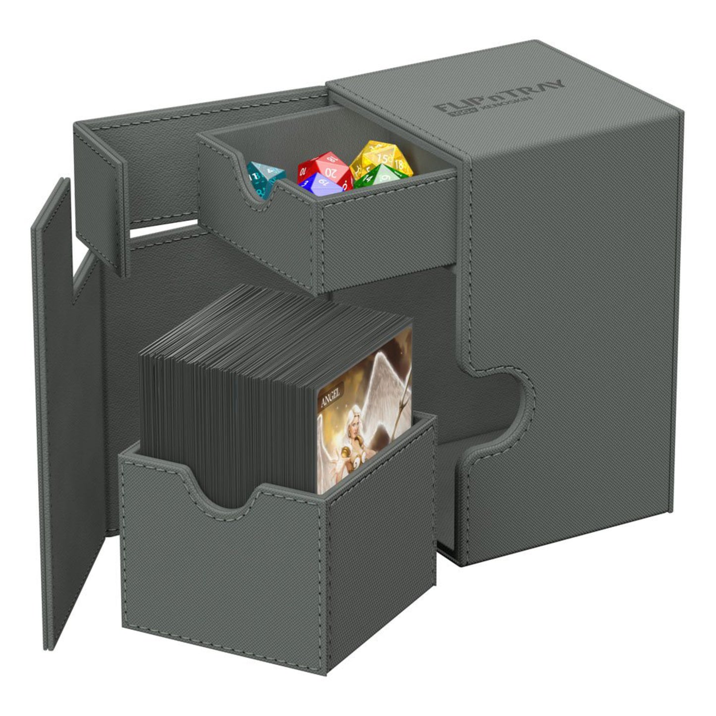 Grey Ultimate Guard trading card deck box with removable dice tray, fits 100 double-sleeved or 120 single-sleeved standard cards.