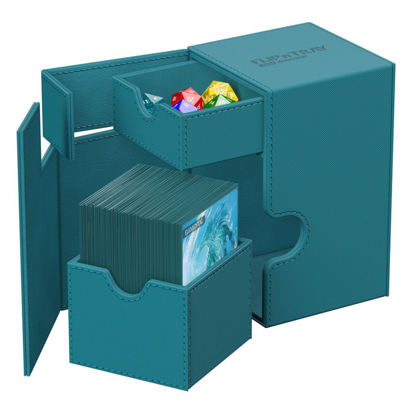 Teal Ultimate Guard trading card deck box with removable dice tray, fits 100 double-sleeved or 120 single-sleeved standard cards.