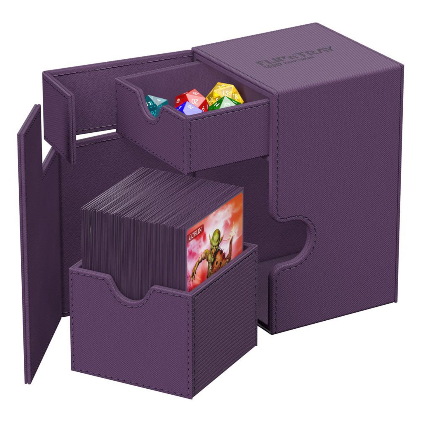 Purple Ultimate Guard trading card deck box with removable dice tray, fits 100 double-sleeved or 120 single-sleeved standard cards.