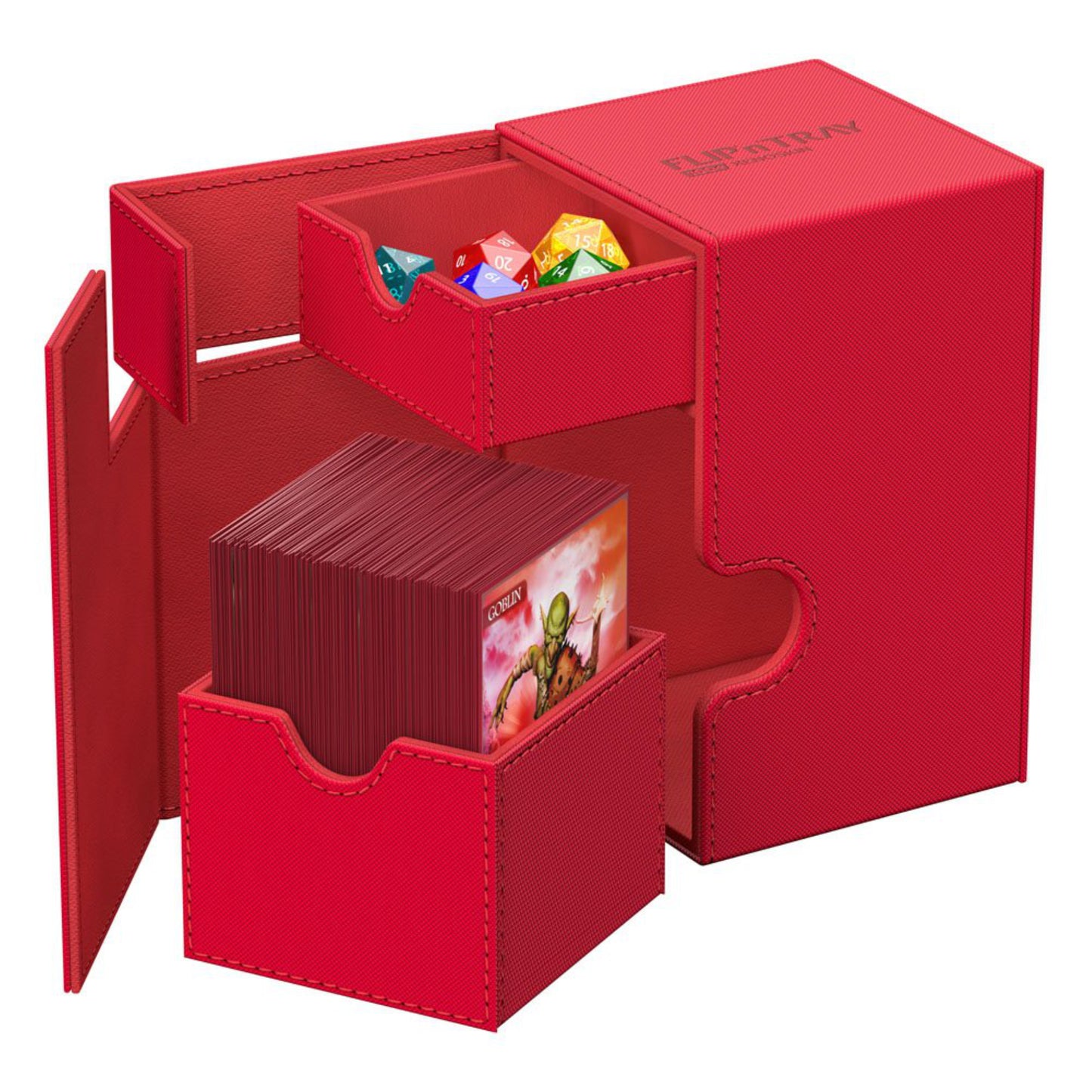 Red Ultimate Guard trading card deck box with removable dice tray, fits 100 double-sleeved or 120 single-sleeved standard cards.