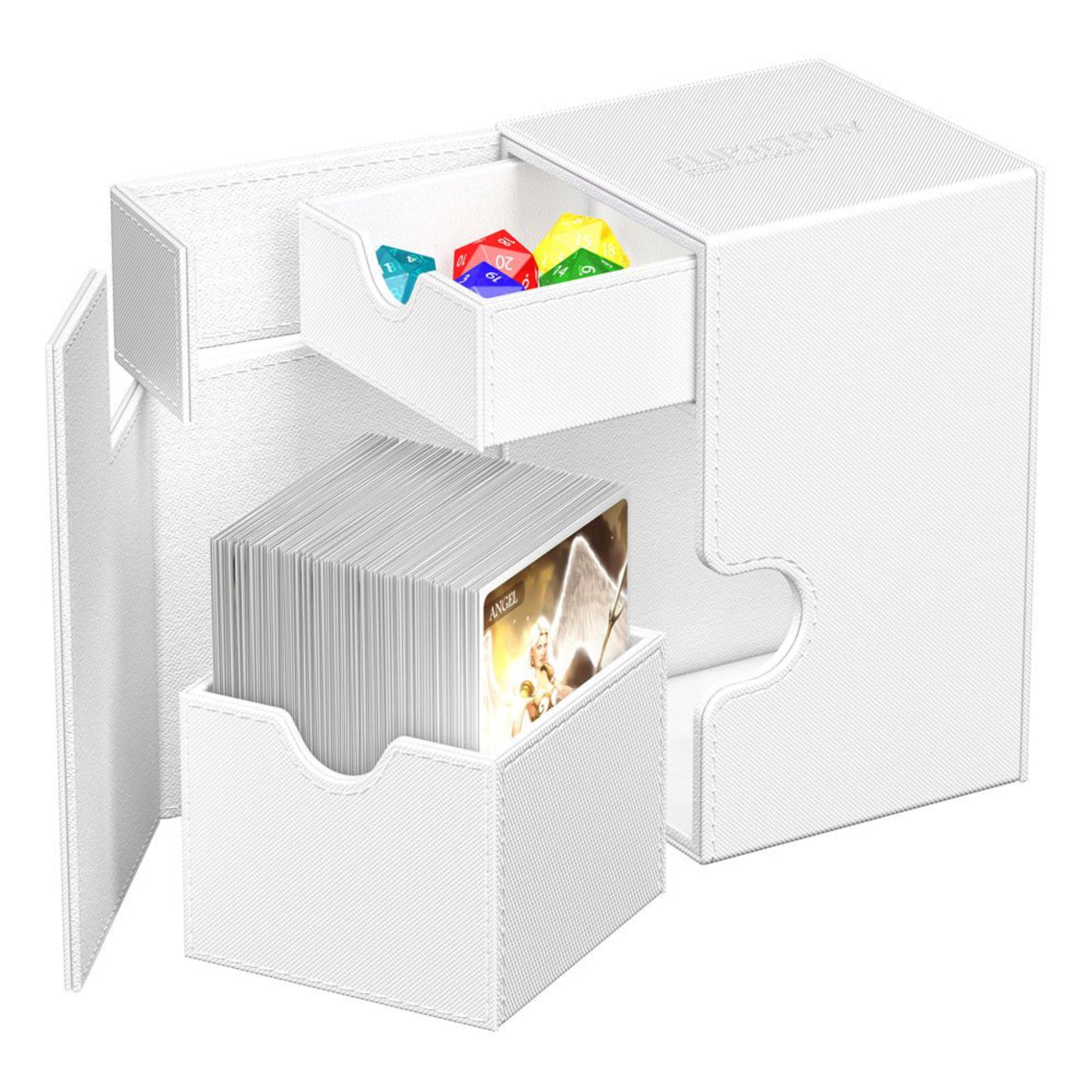 White Ultimate Guard trading card deck box with removable dice tray, fits 100 double-sleeved or 120 single-sleeved standard cards.