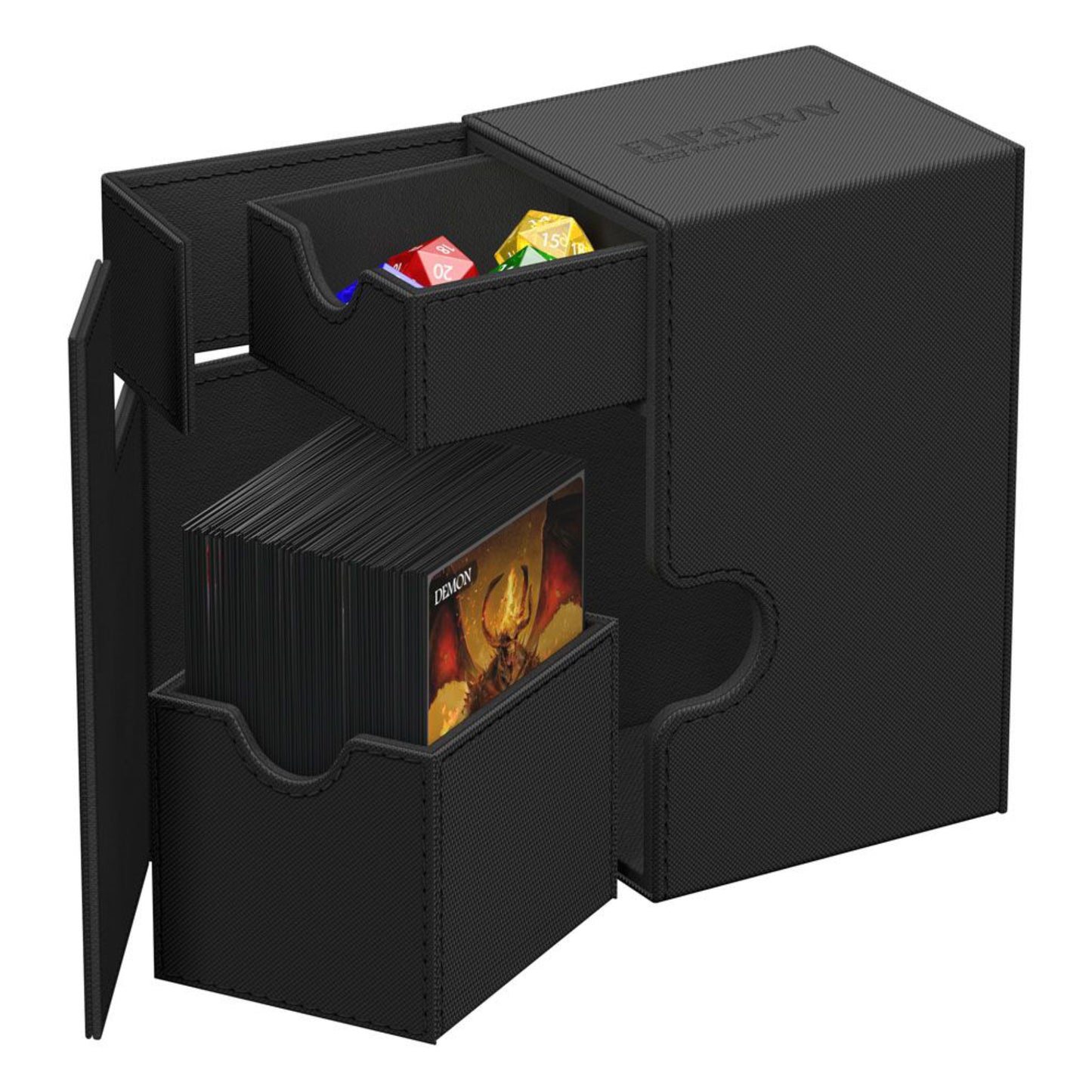 Black trading card deck box with removable dice tray, fits 80 double-sleeved or 100 single-sleeved standard cards.