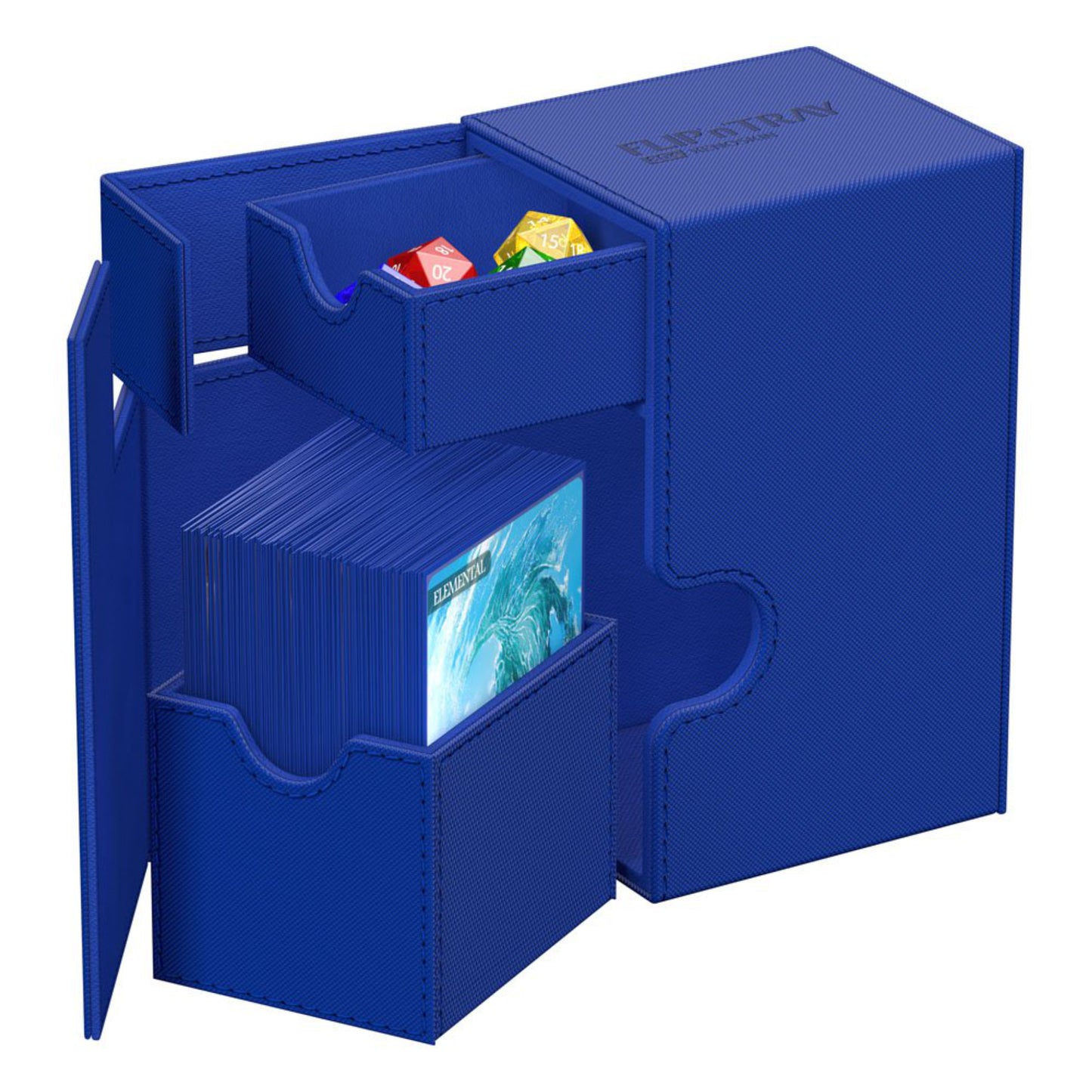 Blue trading card deck box with removable dice tray, fits 80 double-sleeved or 100 single-sleeved standard cards.