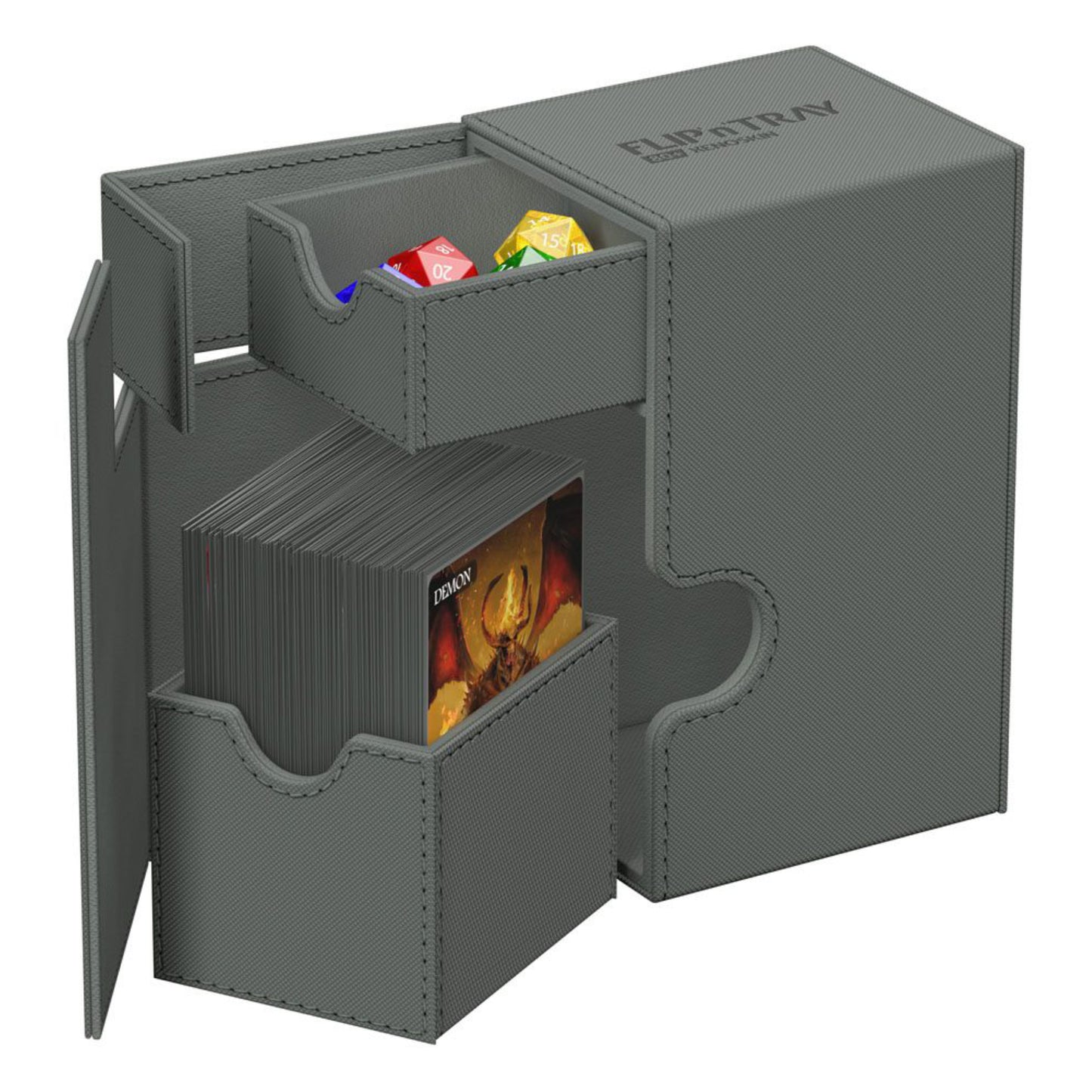 Grey trading card deck box with removable dice tray, fits 80 double-sleeved or 100 single-sleeved standard cards.