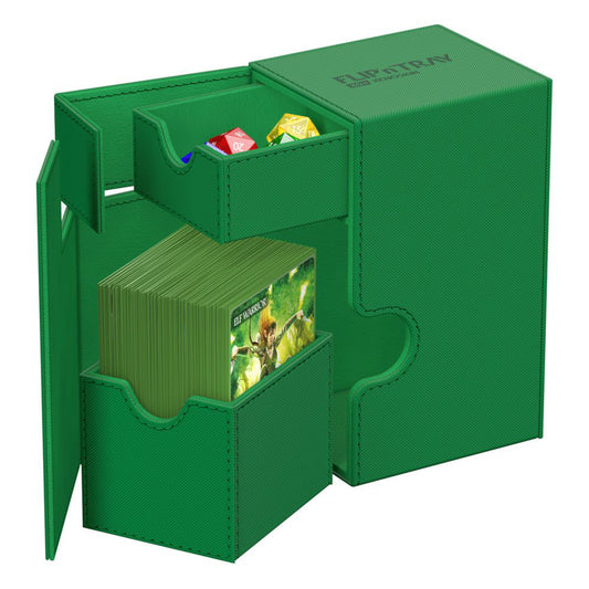 Green trading card deck box with removable dice tray, fits 80 double-sleeved or 100 single-sleeved standard cards.