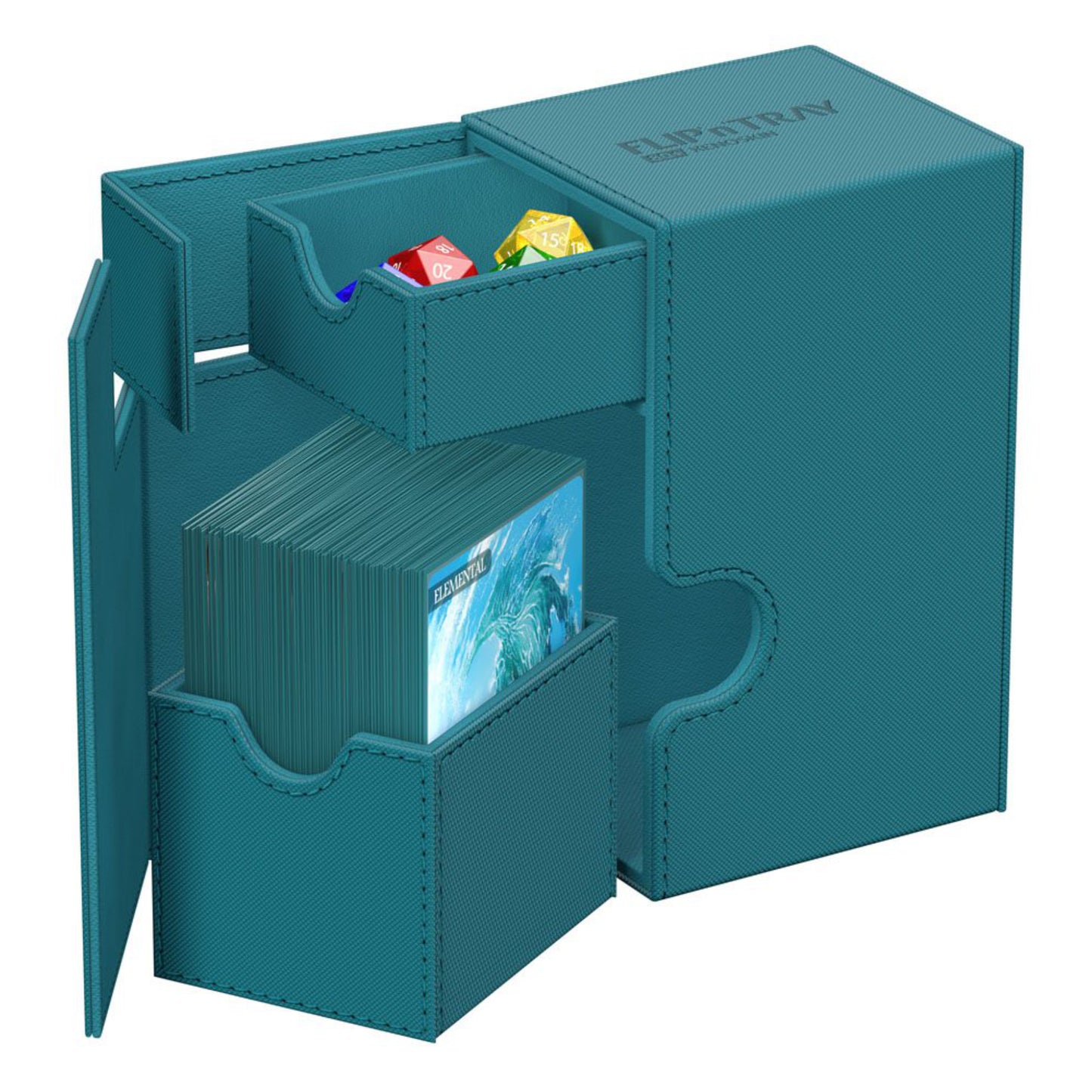 Teal trading card deck box with removable dice tray, fits 80 double-sleeved or 100 single-sleeved standard cards.