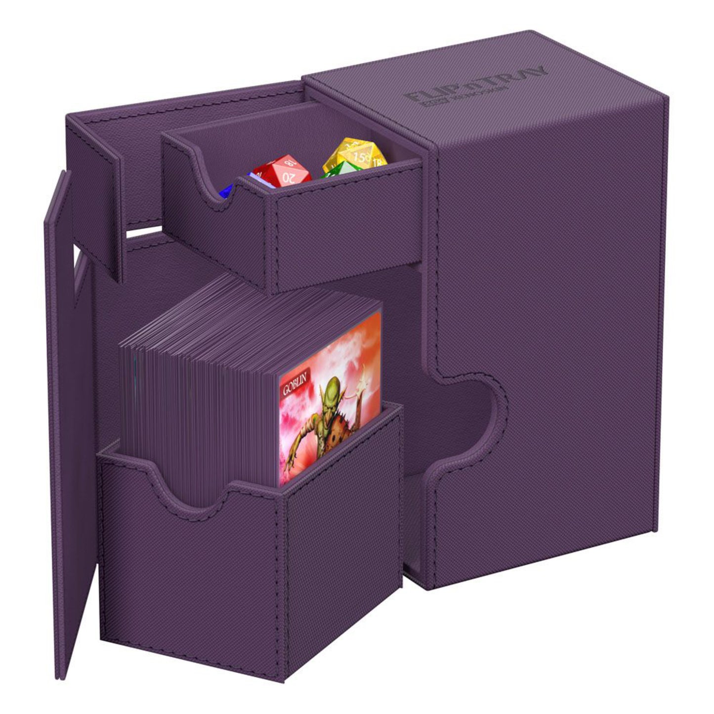 Purple trading card deck box with removable dice tray, fits 80 double-sleeved or 100 single-sleeved standard cards.