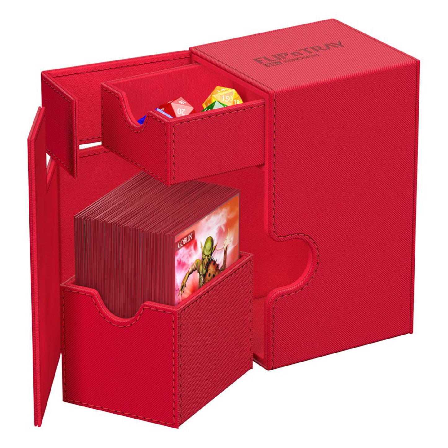 Red trading card deck box with removable dice tray, fits 80 double-sleeved or 100 single-sleeved standard cards.