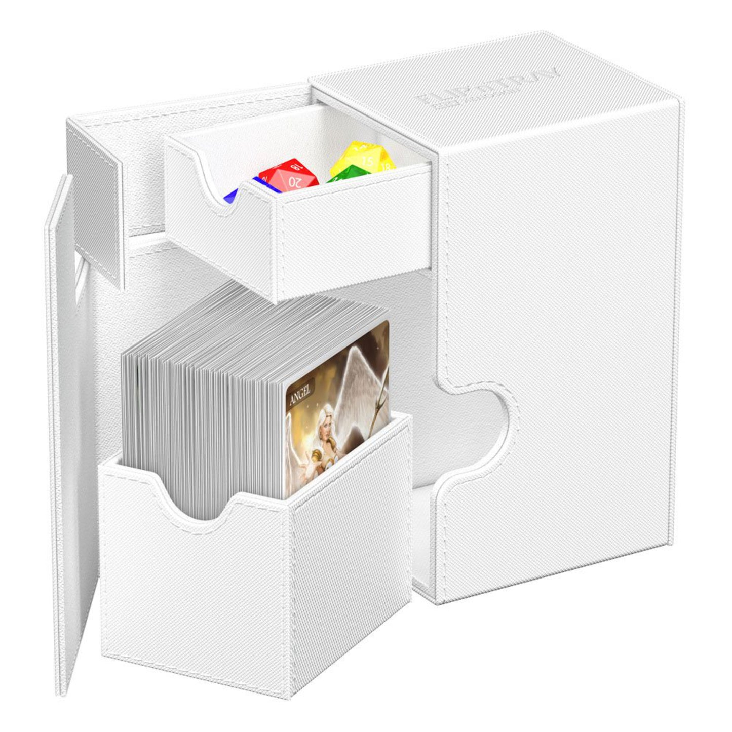 White trading card deck box with removable dice tray, fits 80 double-sleeved or 100 single-sleeved standard cards.