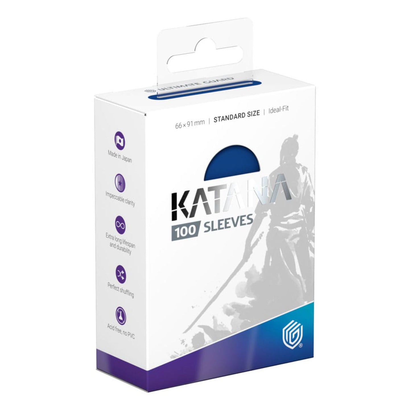Blue Ultimate Guard Katana card sleeves, standard size, 100 sleeves per pack.