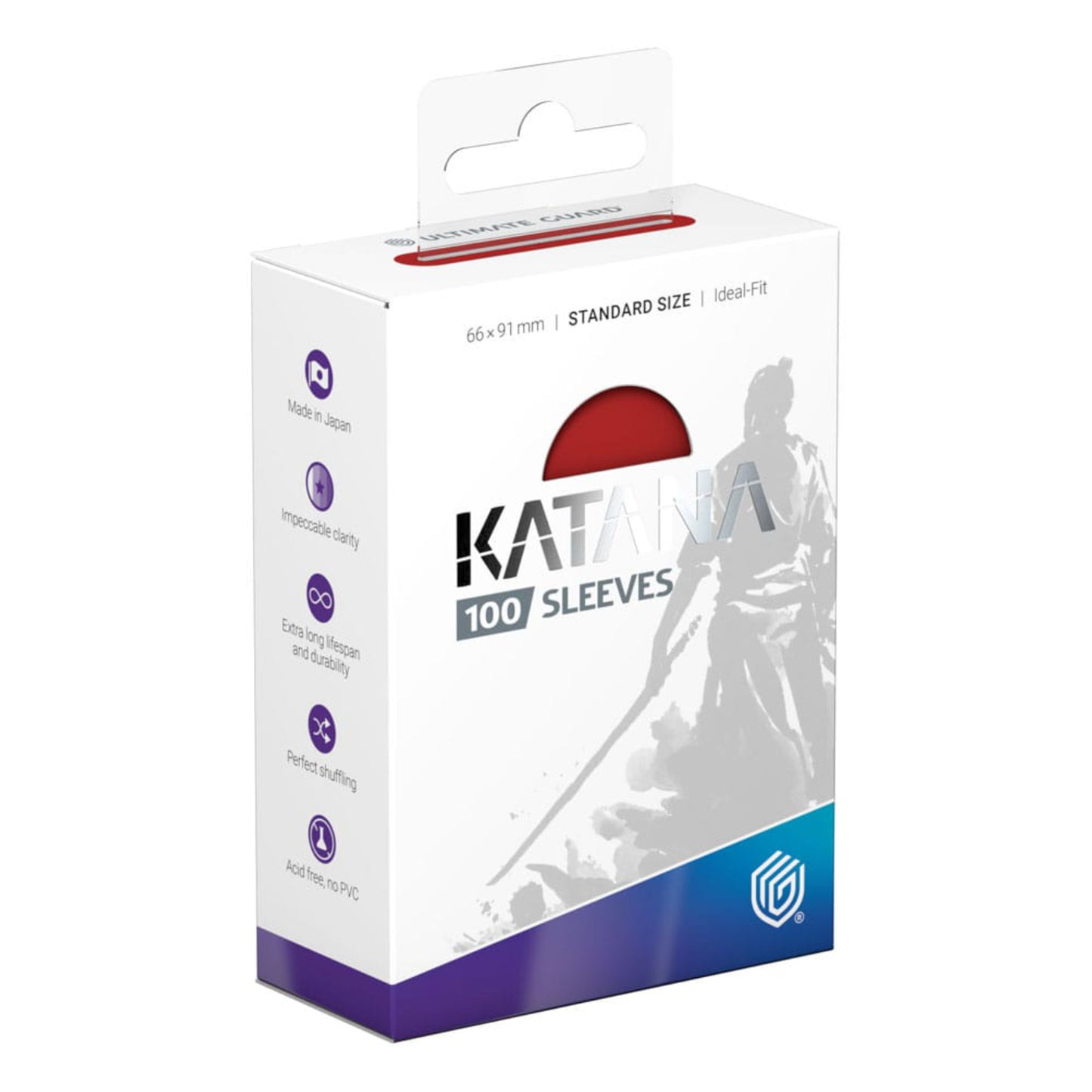 Red Ultimate Guard Katana card sleeves, standard size, 100 sleeves per pack.