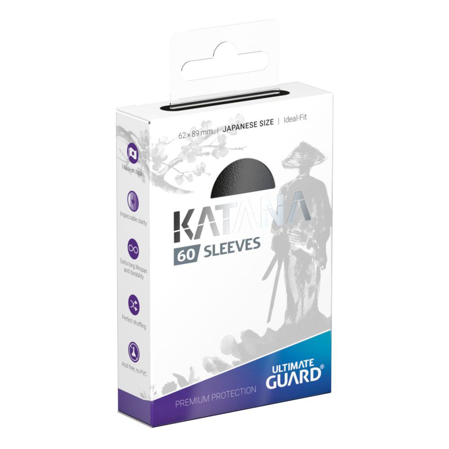 Black Ultimate Guard Katana card sleeves, Japanese size, 60 sleeves per pack.