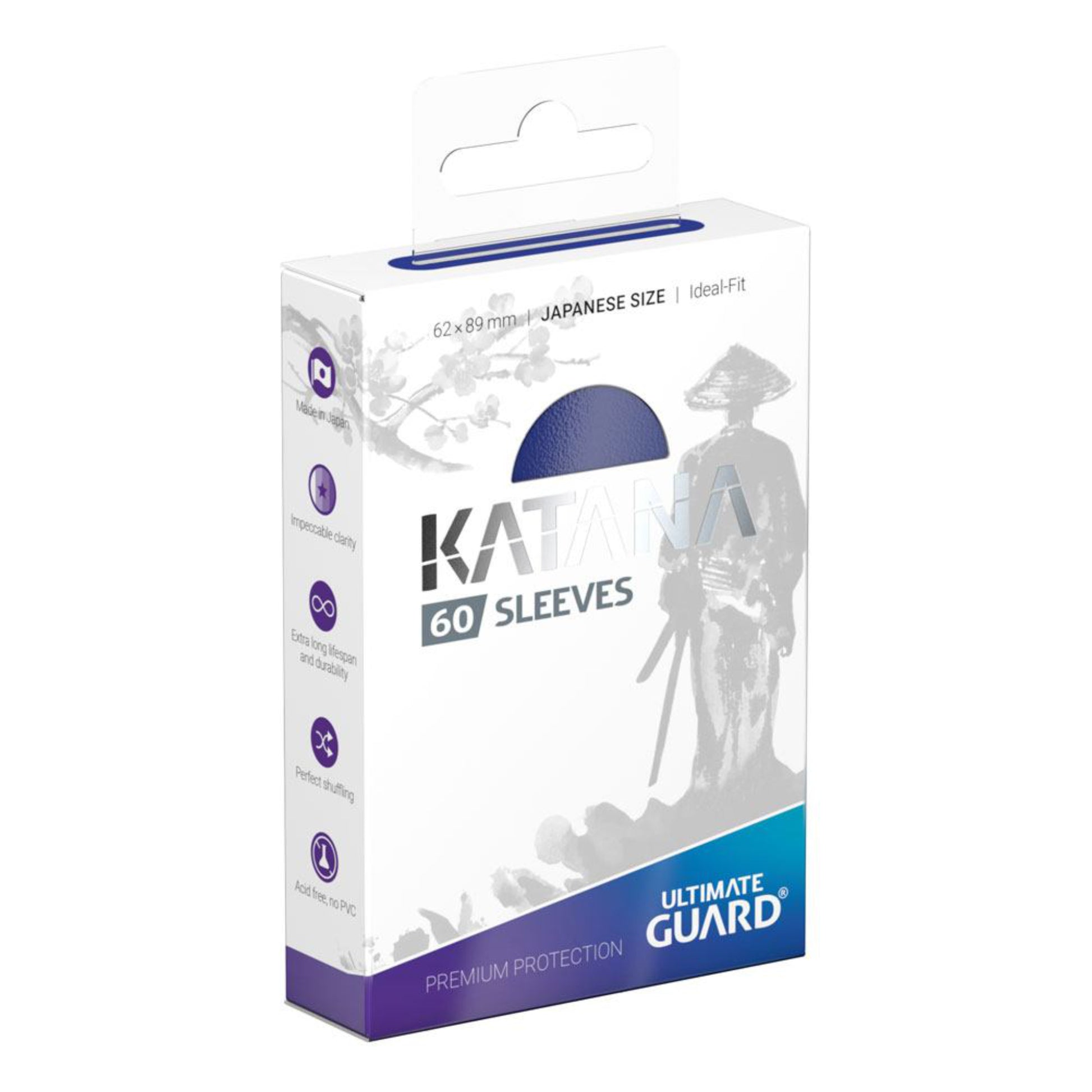 Blue Ultimate Guard Katana card sleeves, Japanese size, 60 sleeves per pack.