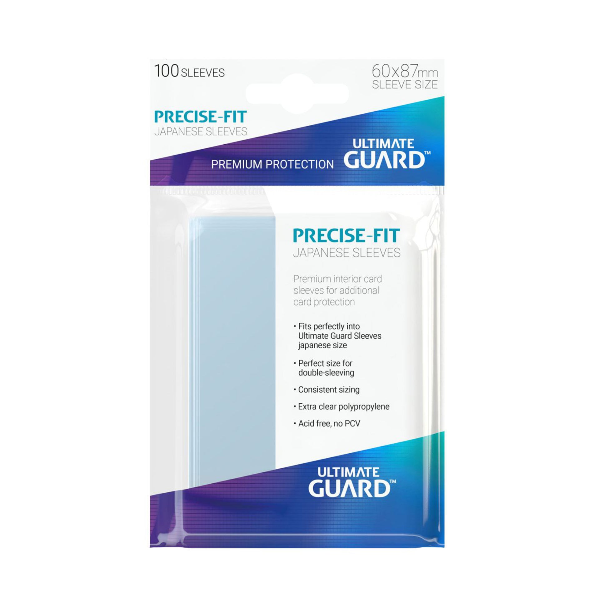 Ultimate Guard Precise Fit card sleeves, Japanese size, 100 sleeves per pack.