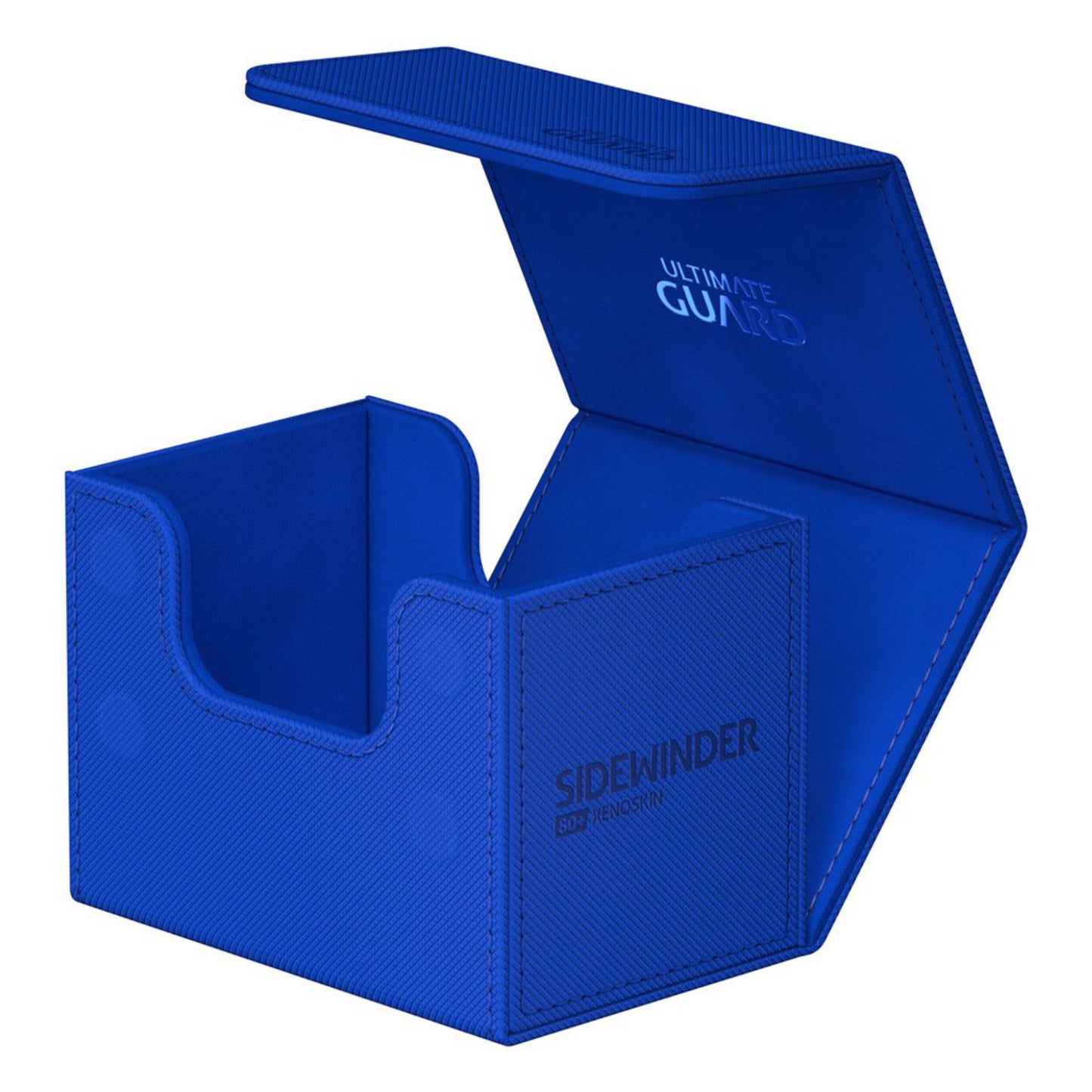 Blue trading card deck box, fits 80 double-sleeved or 100 single-sleeved standard cards.