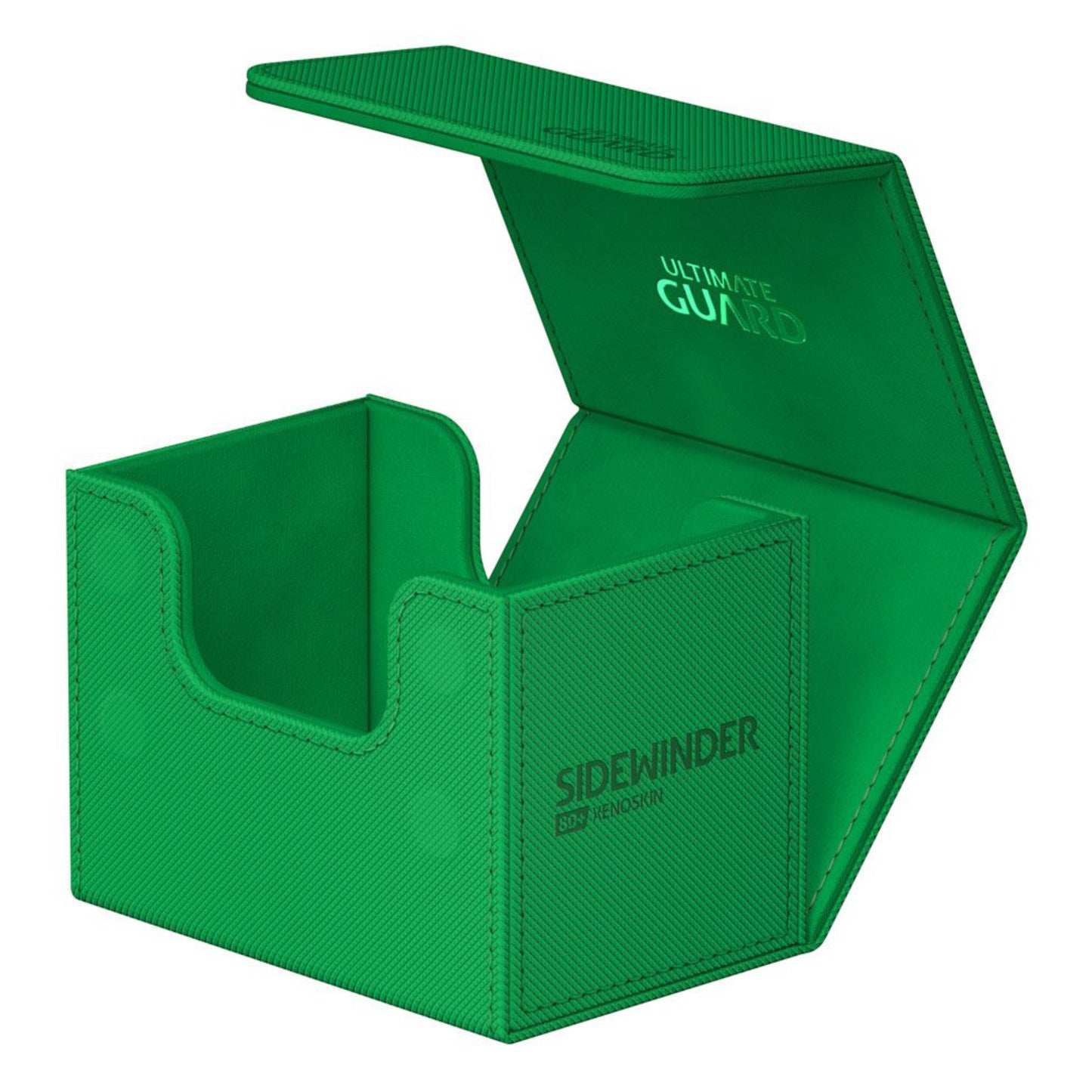 Green trading card deck box, fits 80 double-sleeved or 100 single-sleeved standard cards.