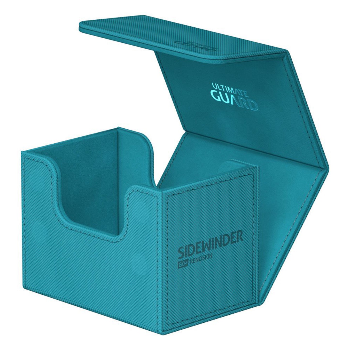 Teal trading card deck box, fits 80 double-sleeved or 100 single-sleeved standard cards.