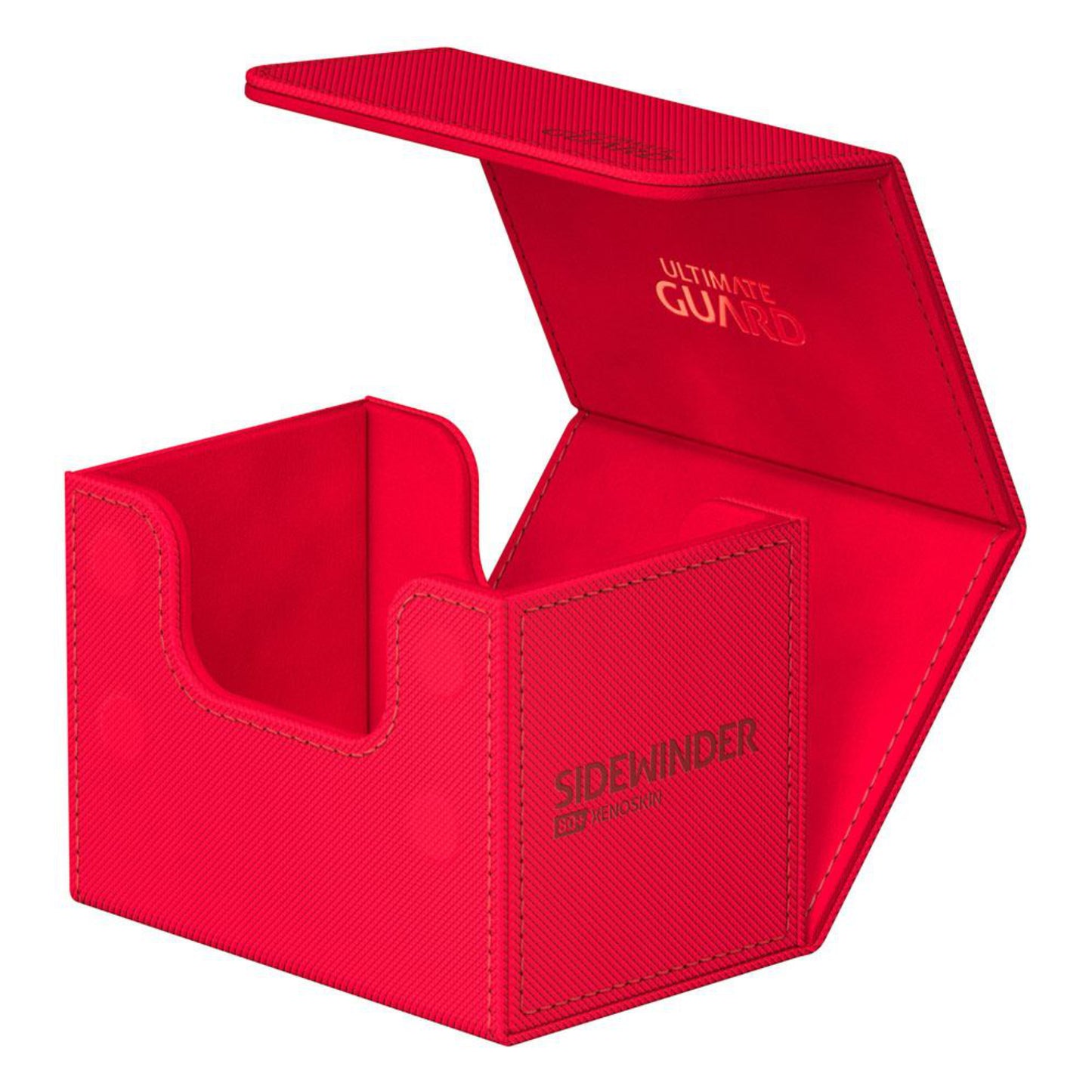 Red trading card deck box, fits 80 double-sleeved or 100 single-sleeved standard cards.