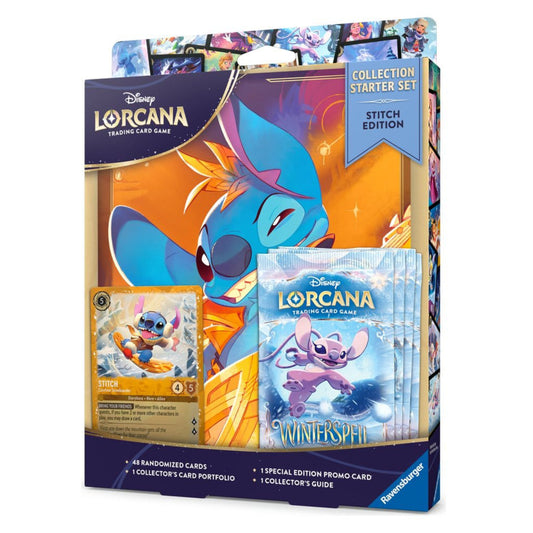 Disney Lorcana Collection Starter Set Stitch Edition set. Including 4 boosters, promo card, portfolio and collector guide.