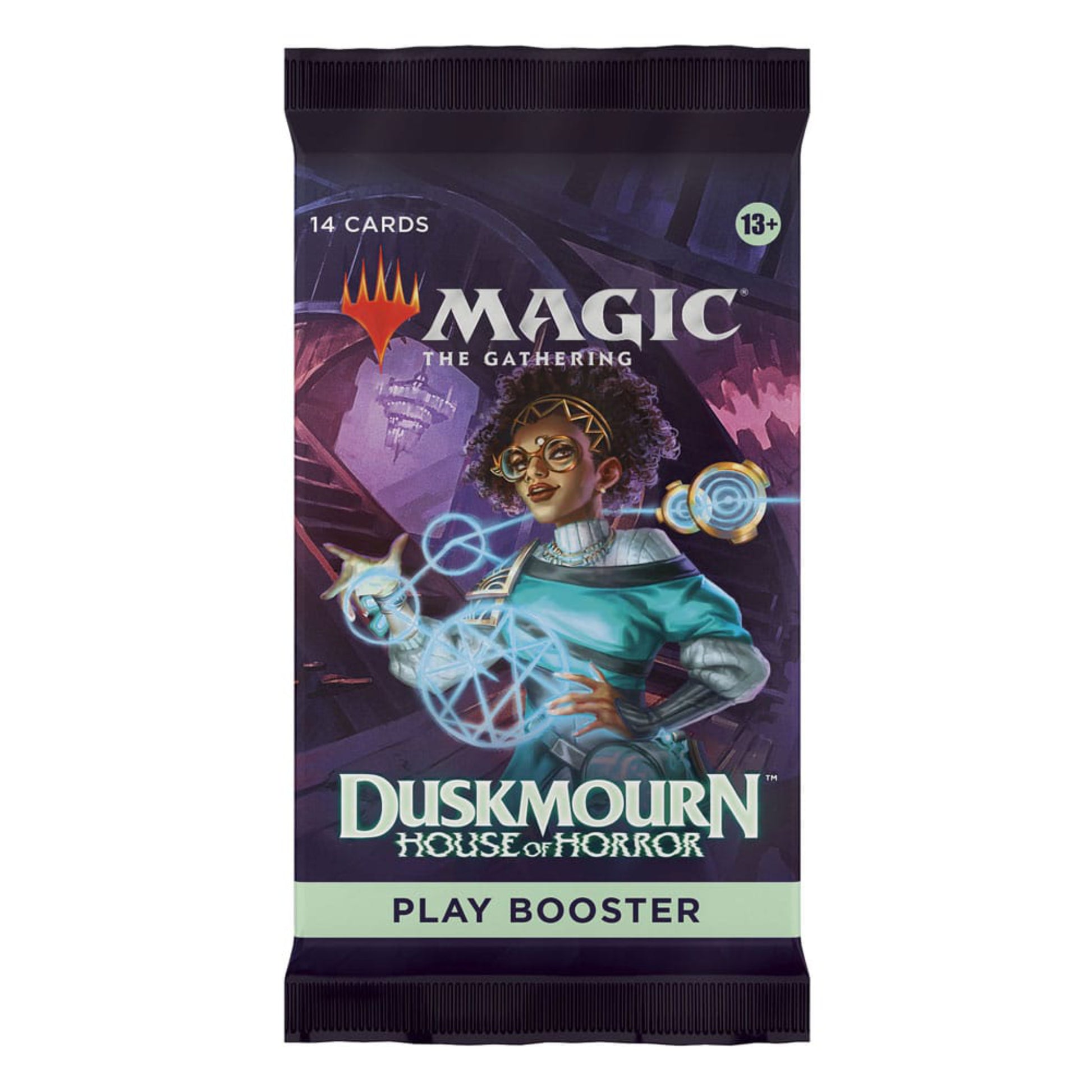 Magic: The Gathering Duskmourn Play booster pack, containing 14 cards.