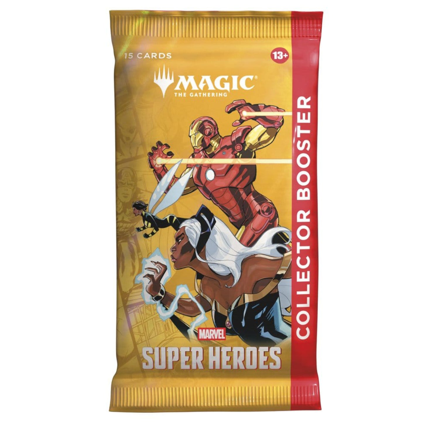 Magic: The Gathering Marvel Super Heroes Collector booster pack, containing 15 cards.