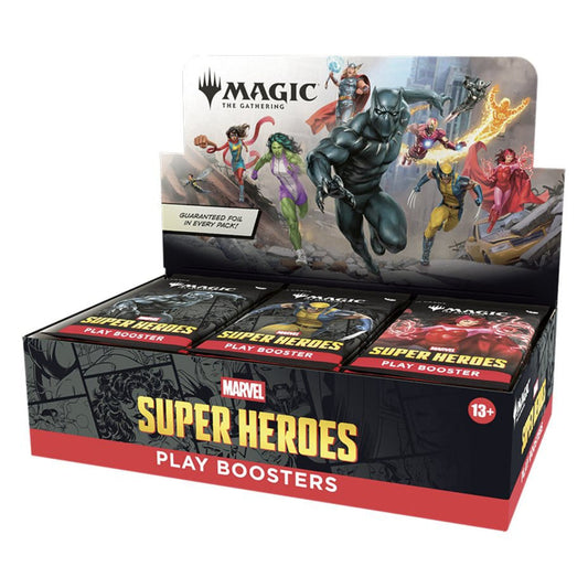 Magic: The Gathering Marvel Super Heroes Play booster display box containing 30 booster packs.