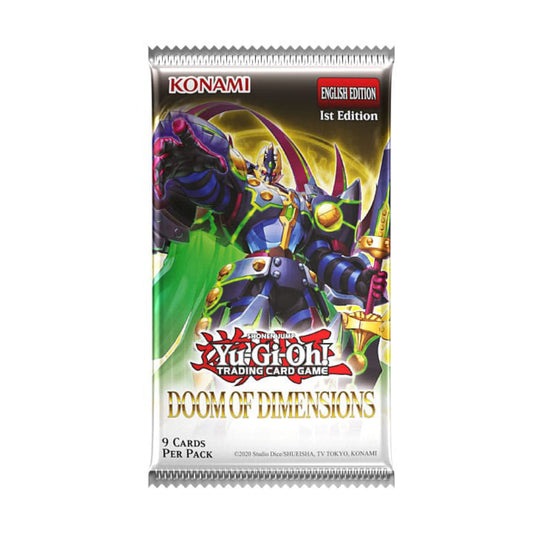 Yu-Gi-Oh! Doom of Dimensions booster pack, English 1st Edition, 9 cards per pack.