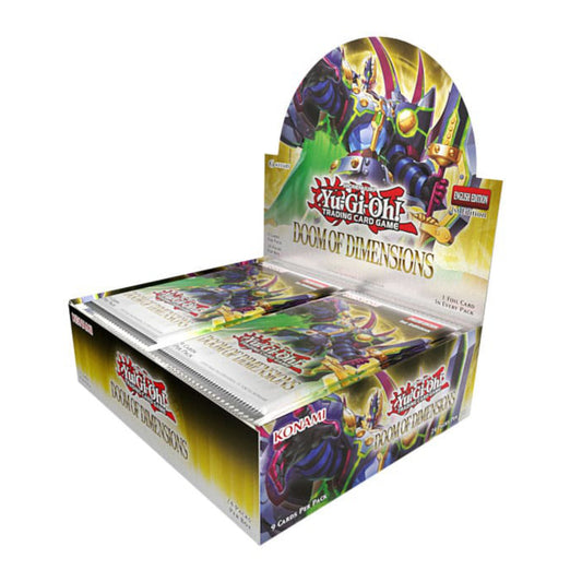 Yu-Gi-Oh! Doom of Dimensions booster box containing 24 English 1st Edition booster packs.