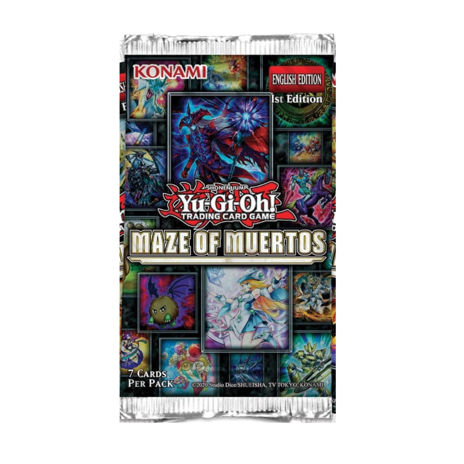 Yu-Gi-Oh! Maze of Muertos booster pack, English 1st Edition, 7 cards per pack.